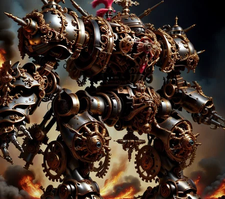 <lora:CulturePunkAI_2:.9>baroqueAI battle mech Highly detailed, amazing, Impressive lighting, vibrant colors, Ultra Realistic, High quality, Highly detailed, trending on artstation
