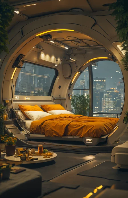 OBweilai, A futuristic bedroom featuring a large, pod-like bed enclosed in a circular metallic and glass structure with integrated technological components and mechanical arms. The bed is covered with bright orange blankets and white pillows, creating a cozy contrast against the high-tech frame. The pod is illuminated by soft, warm lights. A small white table in front of the bed holds a tray with tea, a vase of flowers, and decorative items, while a white stool is positioned near the foot of the bed. The room has a dark metalic floor, and large windows offer a view of a city skyline at night, with twinkling lights in the background. The setting evokes a sense of futuristic luxury, blending advanced technology with comfort and a warm, inviting atmosphere <lora:OB生态技术未来主义:1>