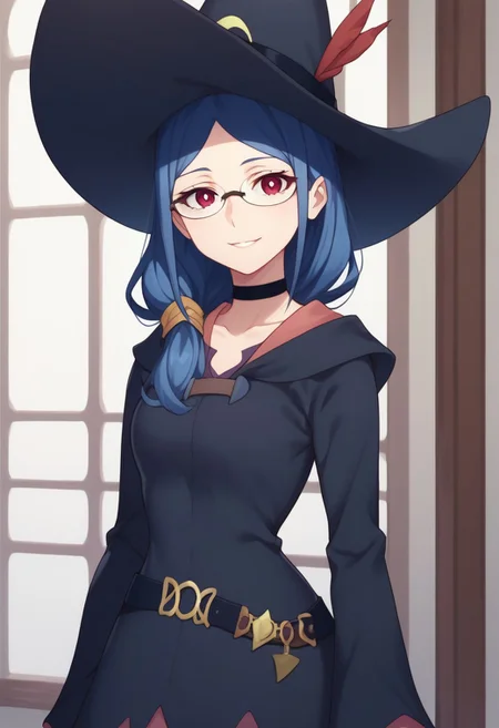 score_9, score_8_up, score_7_up, source_anime, highly detailed,
ursula, 1girl, solo, hat, witch hat, glasses, blue hair, witch, red eyes, smile,
looking at viewer, upper body, choker, standing, belt, long sleeves, dress, long hair, side ponytail, wide sleeves,