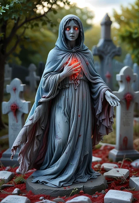 (medium full shot) of (haunting ghost) ethereal figure, transparent fading body, fading hands, glowing red eyes, bluish, semi-transparent, semi-transparent with an unsettling vibe, sorrowful, with a flowing cape, carrying a bloodstained handkerchief, set in a desolate graveyard, with broken graves, mournful spirits, a chilling presence, during a full moon, Masterpiece,best quality, very aesthetic