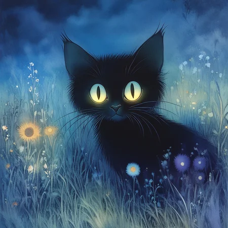 Studio Ghibli Dark Fairytale, The image is a digital illustration of a black cat sitting in a field of tall grass and wildflowers. The cat is facing towards the right side of the image with its head turned slightly to the left. It has large round yellow eyes that are glowing blue. The background is dark and cloudy with a hint of blue and orange. The overall mood of the illustration is mysterious and eerie. The image has a dreamy ethereal quality to it., cat, no humans, flower, grass, nature, black cat, outdoors, solo, tree, looking at viewer