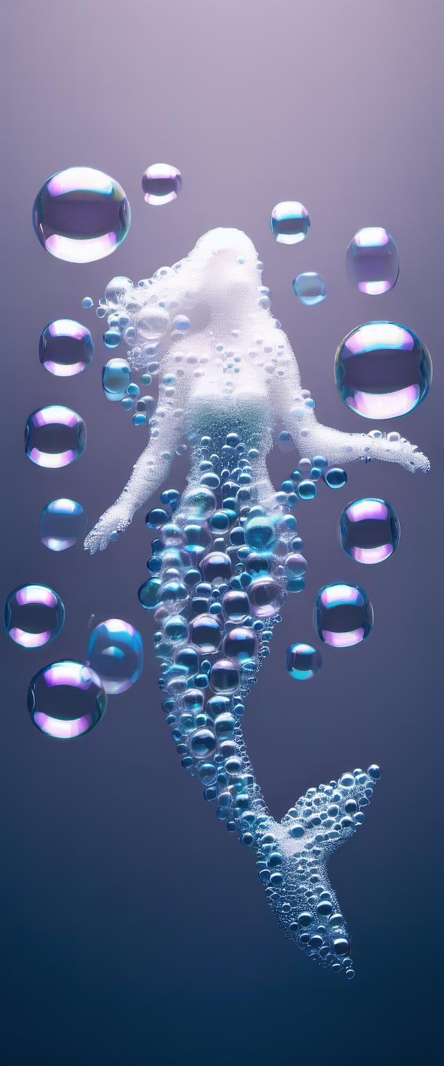 a mermaid made of soap bubbles floating, blue background <lora:Aether_Bubbles_And_Foam_v1_SDXL_LoRA:1.3>