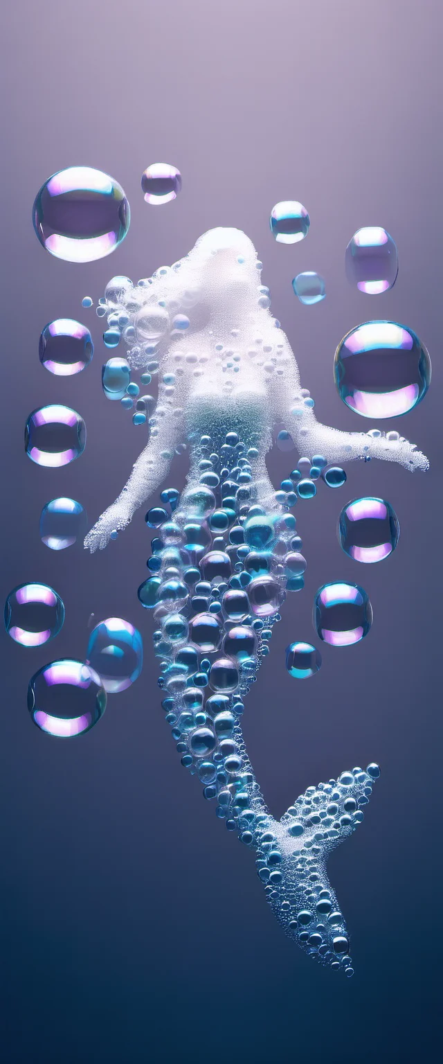 a mermaid made of soap bubbles floating, blue background <lora:Aether_Bubbles_And_Foam_v1_SDXL_LoRA:1.3>