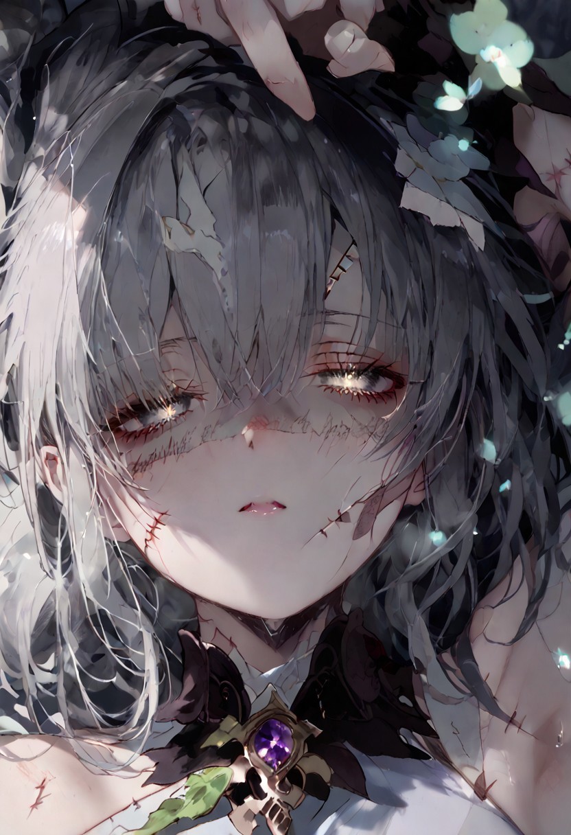 , 1girl, solo focus, perfect anatomy,
BREAK
(score_9, score_8_up, score_7_up), (Masterpiece), (expressive eyes), 1girl, 
Zombie, colored skin, grey skin, torn clothing, bandages, scars, stitches, gray skin,
<lora:MGE_V5.0:1.2>
BREAK
erotic pose, detail background, lying on her back, bangs hair style, tired, 
looking up at the viewer, gentle,upside down,
dynamic angle,
BREAK
 smooth style,portrait,dim lighting,face focus,shaded face,particles, 
BREAK
sharp style,portrait,dim lighting,face focus,shaded face,particles, 
BREAK
perfecteyes,NegativeDynamics,