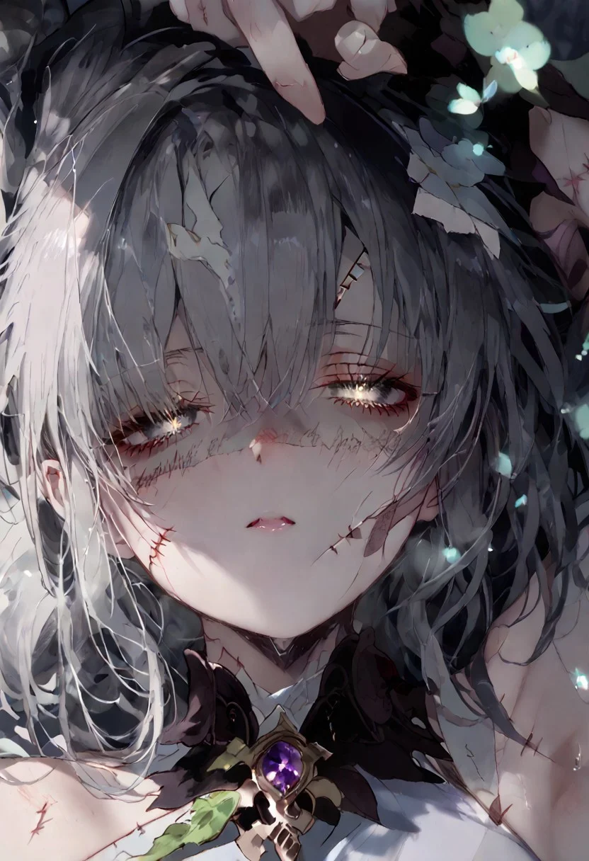 , 1girl, solo focus, perfect anatomy,
BREAK
(score_9, score_8_up, score_7_up), (Masterpiece), (expressive eyes), 1girl, 
Zombie, colored skin, grey skin, torn clothing, bandages, scars, stitches, gray skin,
<lora:MGE_V5.0:1.2>
BREAK
erotic pose, detail background, lying on her back, bangs hair style, tired, 
looking up at the viewer, gentle,upside down,
dynamic angle,
BREAK
 smooth style,portrait,dim lighting,face focus,shaded face,particles, 
BREAK
sharp style,portrait,dim lighting,face focus,shaded face,particles, 
BREAK
perfecteyes,NegativeDynamics,