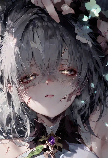 , 1girl, solo focus, perfect anatomy,
BREAK
(score_9, score_8_up, score_7_up), (Masterpiece), (expressive eyes), 1girl, 
Zombie, colored skin, grey skin, torn clothing, bandages, scars, stitches, gray skin,
<lora:MGE_V5.0:1.2>
BREAK
erotic pose, detail background, lying on her back, bangs hair style, tired, 
looking up at the viewer, gentle,upside down,
dynamic angle,
BREAK
 smooth style,portrait,dim lighting,face focus,shaded face,particles, 
BREAK
sharp style,portrait,dim lighting,face focus,shaded face,particles, 
BREAK
perfecteyes,NegativeDynamics,