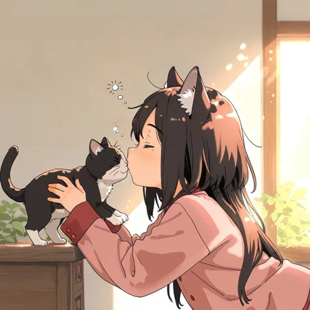 masterpiece, best quality, amazing quality, flat colors,
1girl, against cat, leaning forward, cat girl, cat stretch, from side, morning, indoors, sunrays, dappled sunlight, close eyes, dashed eyes, pajamas, sleepy, (squeans:1.2),  cat and girl are nose-to-nose,
 <lora:NOOB_vp1_detailer_by_volnovik_v1:0.35> <lora:noobai_ep11_stabilizer_v0.114_fp16:0.35> <lora:ponyv6_vpred6:0.3>
<lora:AESTX_WAI:0.3> <lora:WSSKX_WAI:0.4> <lora:shiroski:0.5> 
(clearite:1.1), (akai sashimi:1.1), cute,