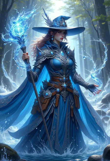 realistic scenery, ultra high quality, very detailed, a gorgeous water elementar sorceress wearing blue body armor and holding a blue entchanted mage battle staff, cowboy shot, <lora:Elementalists>