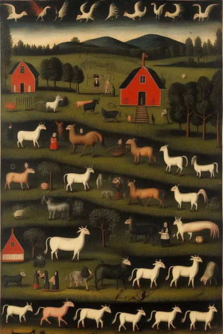 <lora:Folk Art:1>Folk Art - 19th century folk art depicting farm life and the occult