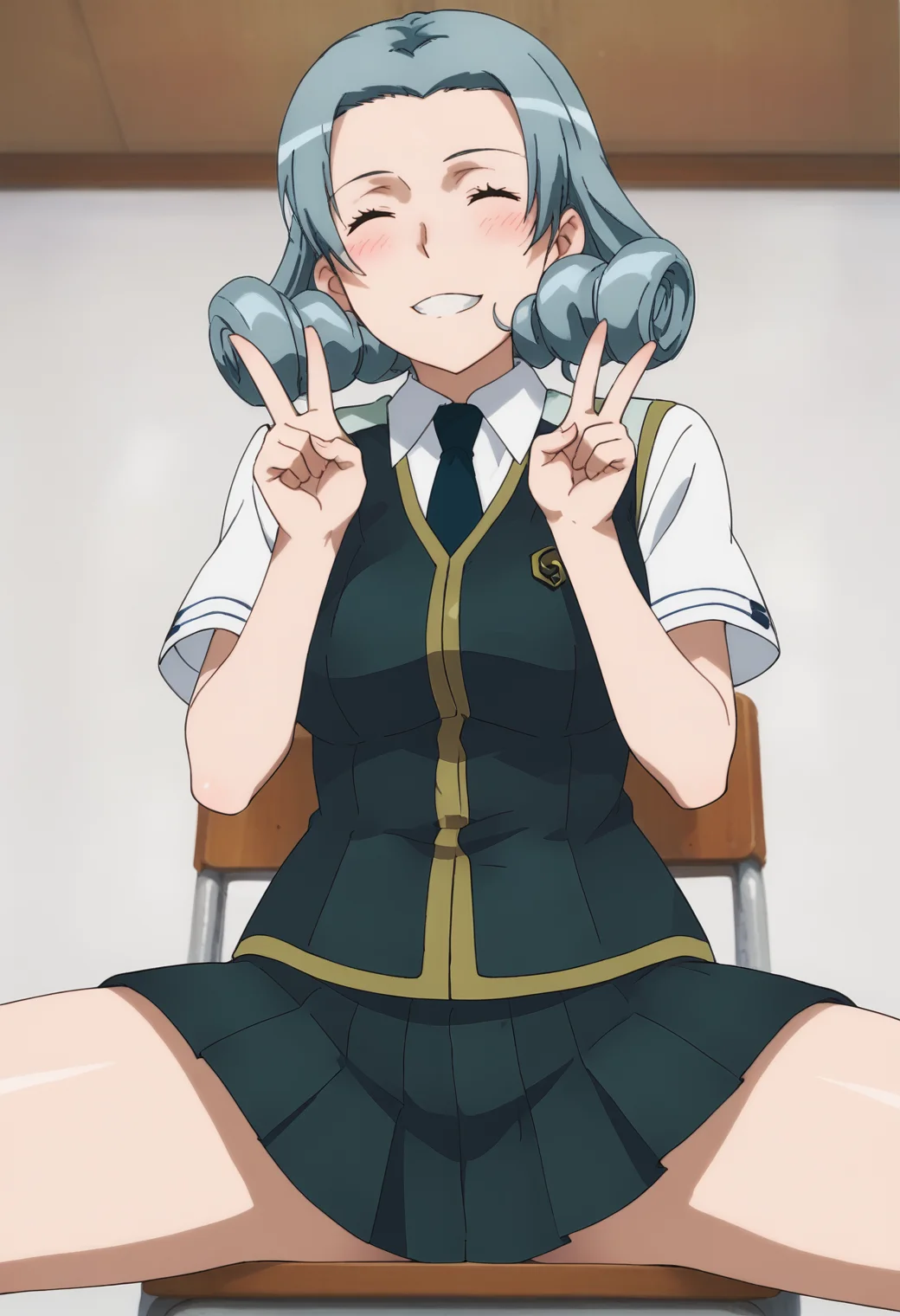 score_9, score_8_up, score_7_up, source_anime, BREAK white background, 1girl, solo, cowboy shot, from from below, <lora:DX888Touka:1> hio touka,necktie, school uniform, skirt, closed eyes, v pose, smile, blush, sitting, on chair, spread legs, covering privates,