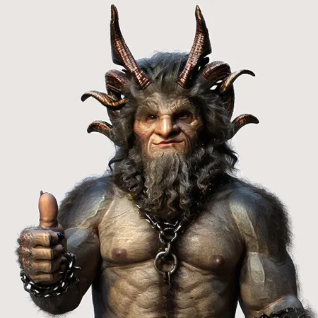Zpdxl3, score_7_up, score_8_up, 2d, source_cartoon, solo male, upper body, 
BREAK,
krampus, humanoid monster, hairy, horns, chains,  (thumbs up), smirk, looking at viewer, simple background,