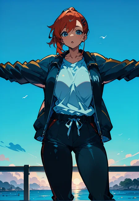 1girl,  aged up, crimson hair,  asymmetrical hair,          
BREAK   1girl, pinup pose with arms wide open,         
BREAK                   black and white track suit, black sweatpants, open jacket, white polo shirt,  sky background,     split lighting,  
BREAK general, masterpiece, best quality, absurdres, highres, newest, <lora:Alcedinidae_v1.2:0.8>