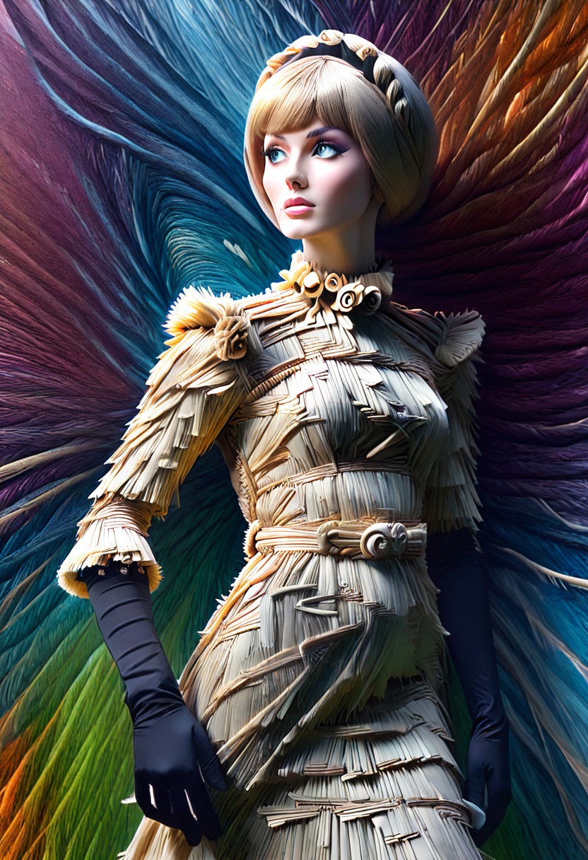 Straw thread, straw, Score_9, score_8_up, score_7_up, (masterpiece),(1character), semi side view, (beautiful:1.4), straw dress, psychedelic swirls, vibrant hues, bold patterns, power fashion, swinging sixties, Retro Vogue Cover, kaleidoscopic dreams. highly intricate, 60s, hyper detailed, photorealistic, (black elbow gloves), dim128/128test.