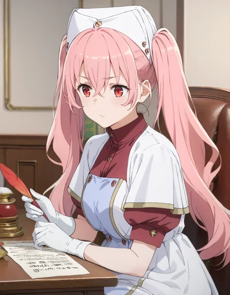 score_9, score_8_up, score_7_up, source_anime, BREAK
1girl, simple background, room, upper body,
heith velvet, long hair, pink hair, twintails, hair between eyes, red eyes, from side,
nurse outfit, nurse cap, red dress, white apron, puffy sleeves, short sleeves, white gloves,
sitting on chair, writing, quill, holding quill, paper,
<lora:heith_velvet-danmachi_s5-anime-soralz:1>