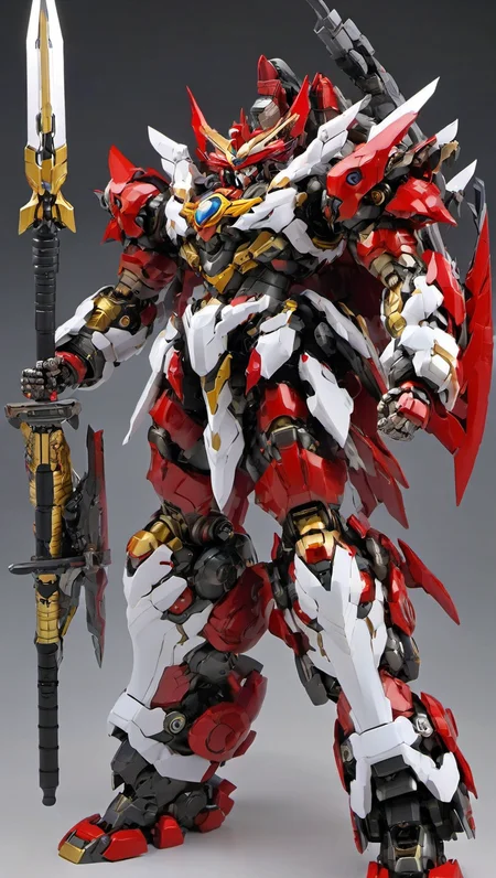 (SRS:1.2), best quality, masterpiece, ultra-detailed, mecha robot, (ultra-detailed mecha armor), full armor, (large size robot:1.5), glowing eyes, (full body:1.2), (mechanical parts:1), (robot joints:1), (military parts:1.5), (heroic parts:0.1), cable, (battle-ready:1.2),(powerful stance:1.3),(Detailed eye description:1.2),(huge mechanical weapon:1.2), (detailed weapon description:1.2), (holding weapon and weapon :1.5)<lora:srdxl_v1f:0.4>