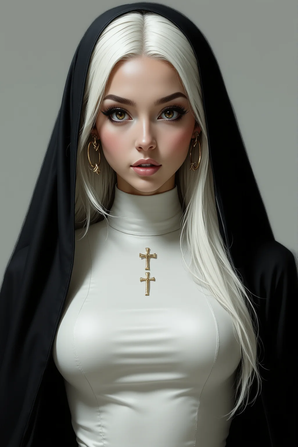 <lora:FFS_v.6:0.9> Nun with an Edge. A captivating woman clad in a sleek, modern reinterpretation of a nun's habit stares forward with unwavering intensity. Her long, platinum-white hair flows elegantly beneath a black-and-white veil, framing her striking fair complexion. Her piercing brown eyes, accentuated by sharp, dramatic eyeliner, gleam with quiet determination. She wears large gold hoop earrings that catch the light, complementing the minimalist cross embellishments on her streamlined habit, which fits her form like a second skin. A play of glossy and matte fabric textures creates a stunning visual contrast, giving the outfit a futuristic yet reverent feel. The artwork merges cyber-gothic aesthetics with high-fashion editorial design, using smooth gradients, precise highlights, and impeccable shading to bring out a bold yet ethereal presence.