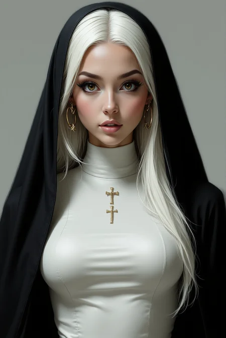 <lora:FFS_v.6:0.9> Nun with an Edge. A captivating woman clad in a sleek, modern reinterpretation of a nun's habit stares forward with unwavering intensity. Her long, platinum-white hair flows elegantly beneath a black-and-white veil, framing her striking fair complexion. Her piercing brown eyes, accentuated by sharp, dramatic eyeliner, gleam with quiet determination. She wears large gold hoop earrings that catch the light, complementing the minimalist cross embellishments on her streamlined habit, which fits her form like a second skin. A play of glossy and matte fabric textures creates a stunning visual contrast, giving the outfit a futuristic yet reverent feel. The artwork merges cyber-gothic aesthetics with high-fashion editorial design, using smooth gradients, precise highlights, and impeccable shading to bring out a bold yet ethereal presence.