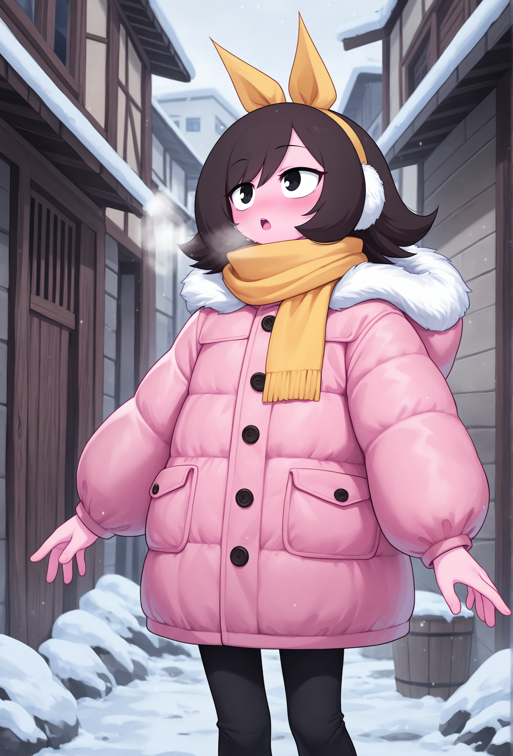 masterpiece,best quality,amazing quality, <lora:marigold_cabronpr_noob_v1.1f:1> marigold, 1girl, solo, hairbow, no nose, black eyes, earmuffs BREAK
yellow scarf, puffy jacket, winter coat, pink coat, breath, snow, black pants, alley, village, detailed background