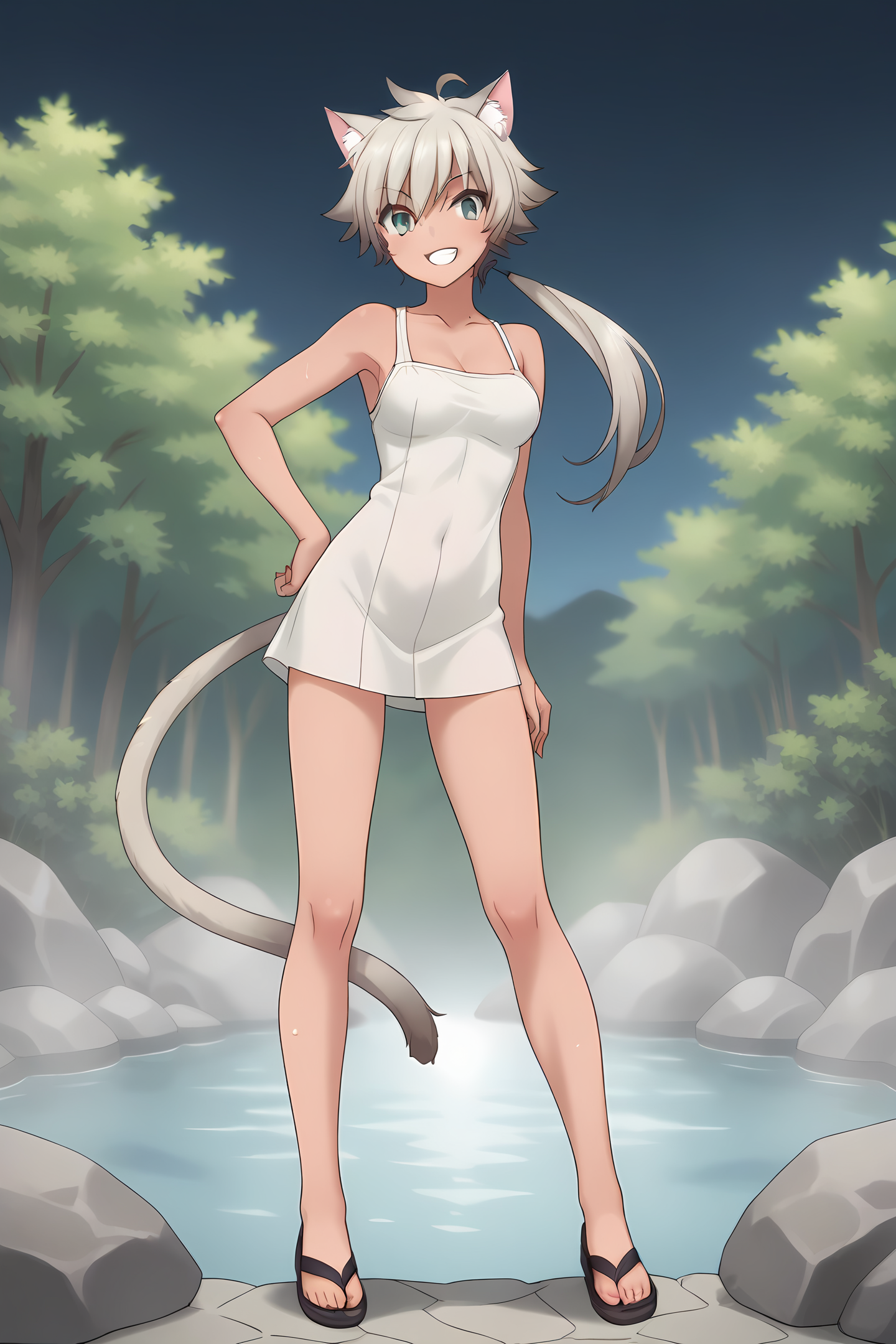 (cat girl cat ears cat tail:1.40), ys-mikogami, spiked hair, colored tips, short hair, low ponytail, tan,
1girl, solo, skinny, score_9, score_8_up, score_8, score_7_up, score_7, score_6_up, score_6, score_5_up, score_5, source_anime,
(grin:1.10),
onsen,
(full body:1.70), ,
<lora:ys-mikogami-V01-000004:0.90>, (medium breasts)