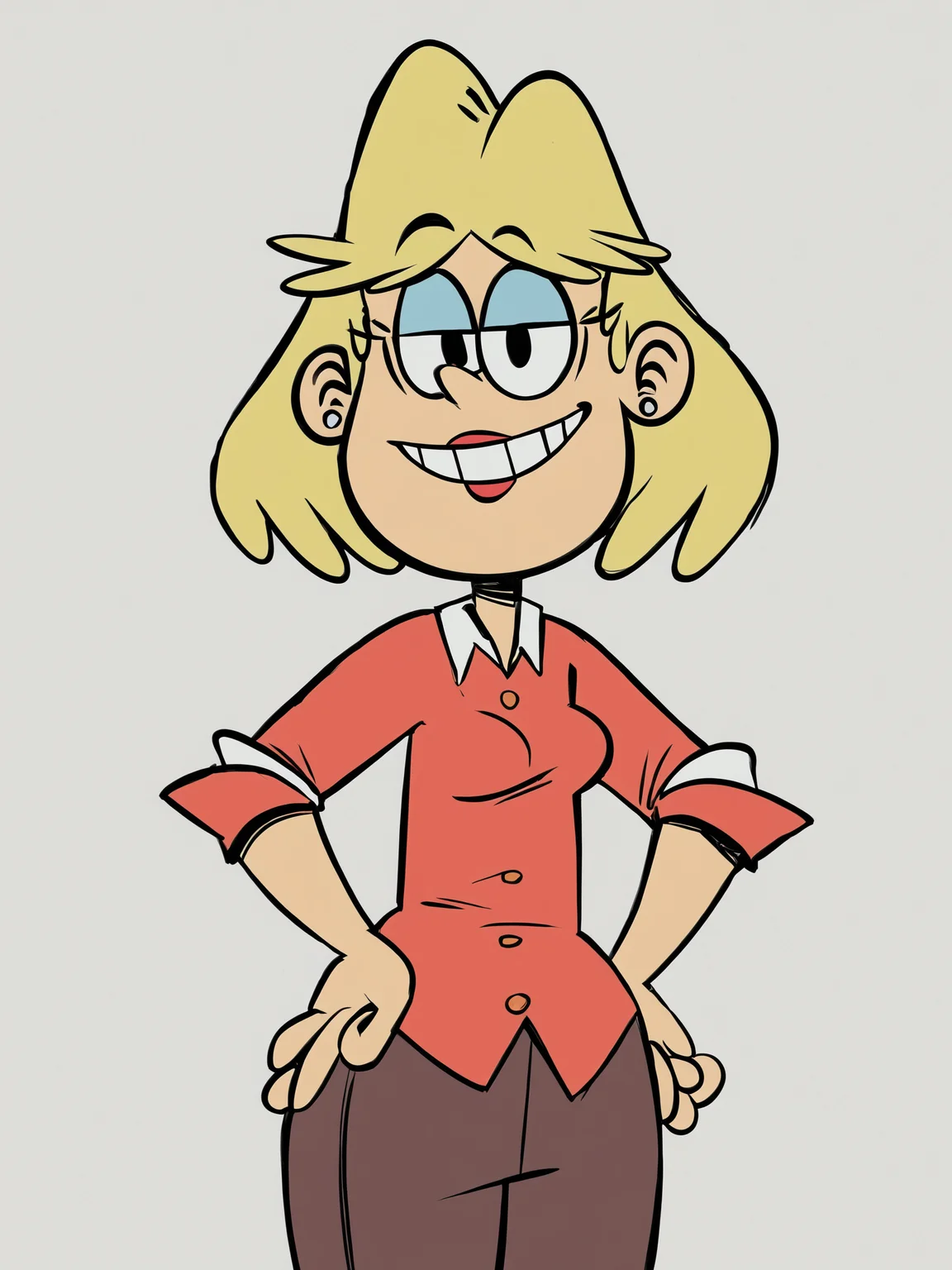 <lora:RitaLoudPony1.0:0.8> rita_loud, 1girl, solo, blonde hair, short hair, earrings, jewelry, rita loud, smile, lipstick,m stud earrings, shirt, pants,teeth,white background, background, cowboy shot, looking at viewer, score_9, score_8_up, score_7_up, score_6_up, score_5_up, score_4_up