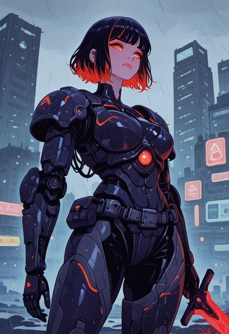 in the style of cksc, cowboy shot, masterpiece, hyper-detailed, A sleek cybernetic woman in black armour with glowing red highlights, bangs, detailed eyes, standing atop a futuristic city skyline with neon lights reflecting on her armour, holding a plasma sword, rain softly falling in the background