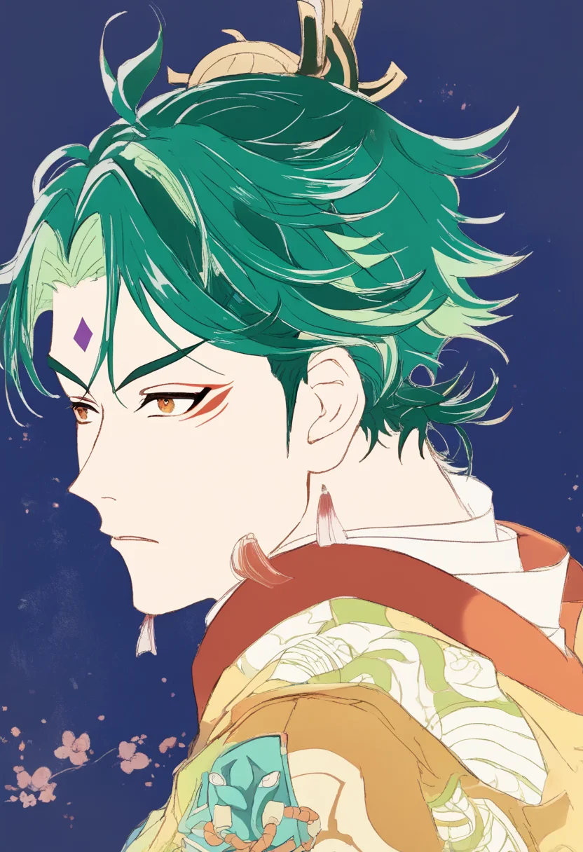 score_9, score_8_up, score_7_up, source_anime, perfect anatomy, ,upper body,from side,, solo,20yo,1boy, xiao,green hair \(genshin impact\), kabuki, (kumadori:1.2), from side, , open eyes , sharaku, ukiyo-e, sharaku signature,senryo yakusha,dark background, simple background,, <lora:sharaku-01:1.2>