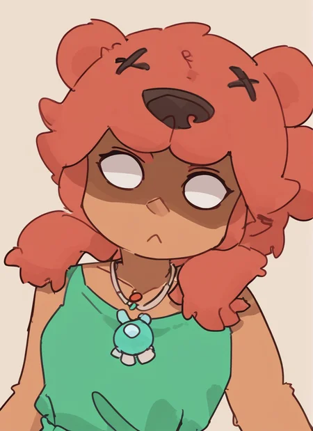 score_9, score_8_up, score_7_up, <lora:bsnita-000006:0.9>bsnita, dark-skinned female, , 1 girl , solo , red hair ,necklace, green dress ,bear ears ,,simple background, white pupils, shaded face,bear girl, brown pants, by s1120411 <lora:Yagi_the_Goat_Style:1>