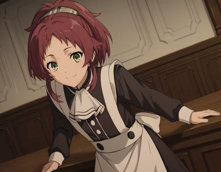 score_9, score_8_up, score_7_up, source_anime,
aishagreyrat, <lora:aisha-greyrat-s2-ponyxl-lora-nochekaiser:1>,
aisha greyrat, green eyes, ponytail, red hair,
long sleeves, apron, maid, ascot, white apron, white ascot,
indoors, bent over, smile,
solo, dutch angle, looking at viewer, cowboy shot,