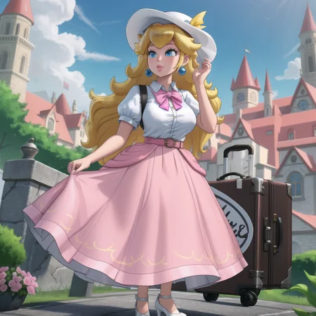 masterpiece, best quality, 4k, high res, detailed, <lora:PrincessPeach2B:0.7>, 1girl, solo, long hair, puckered lips, blue eyes, skirt, blonde hair, shirt, hat, jewelry, full body, short sleeves, earrings, alternate costume, day, high heels, white footwear, pink skirt, long skirt, suitcase, luggage, rolling suitcase, princess peach, city, large breasts, detailed background, beautiful blue eyes,