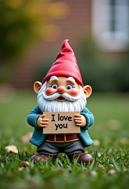 Lawn gnome standing before beautiful young lady holding a sign that reads "I love you so"