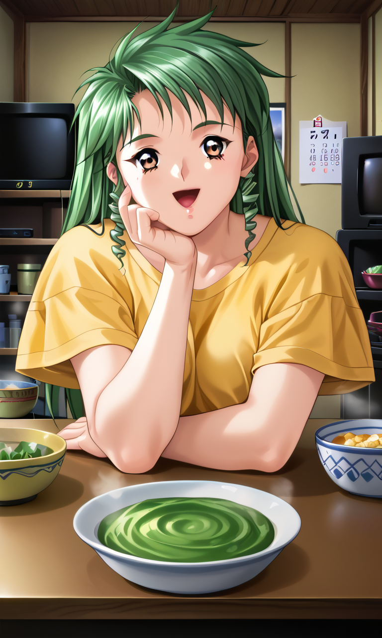 score_9, score_8_up, score_7_up,BREAK chih, 1girl, calendar (object), green hair, food,television, brown eyes, pov across table, indoors, head rest, open mouth, smile, cup, yellow t-shirt, long hair,soup, bowl, steam, microwave,drill hair,twin drills,<lora:sakumaorig-000009:1>