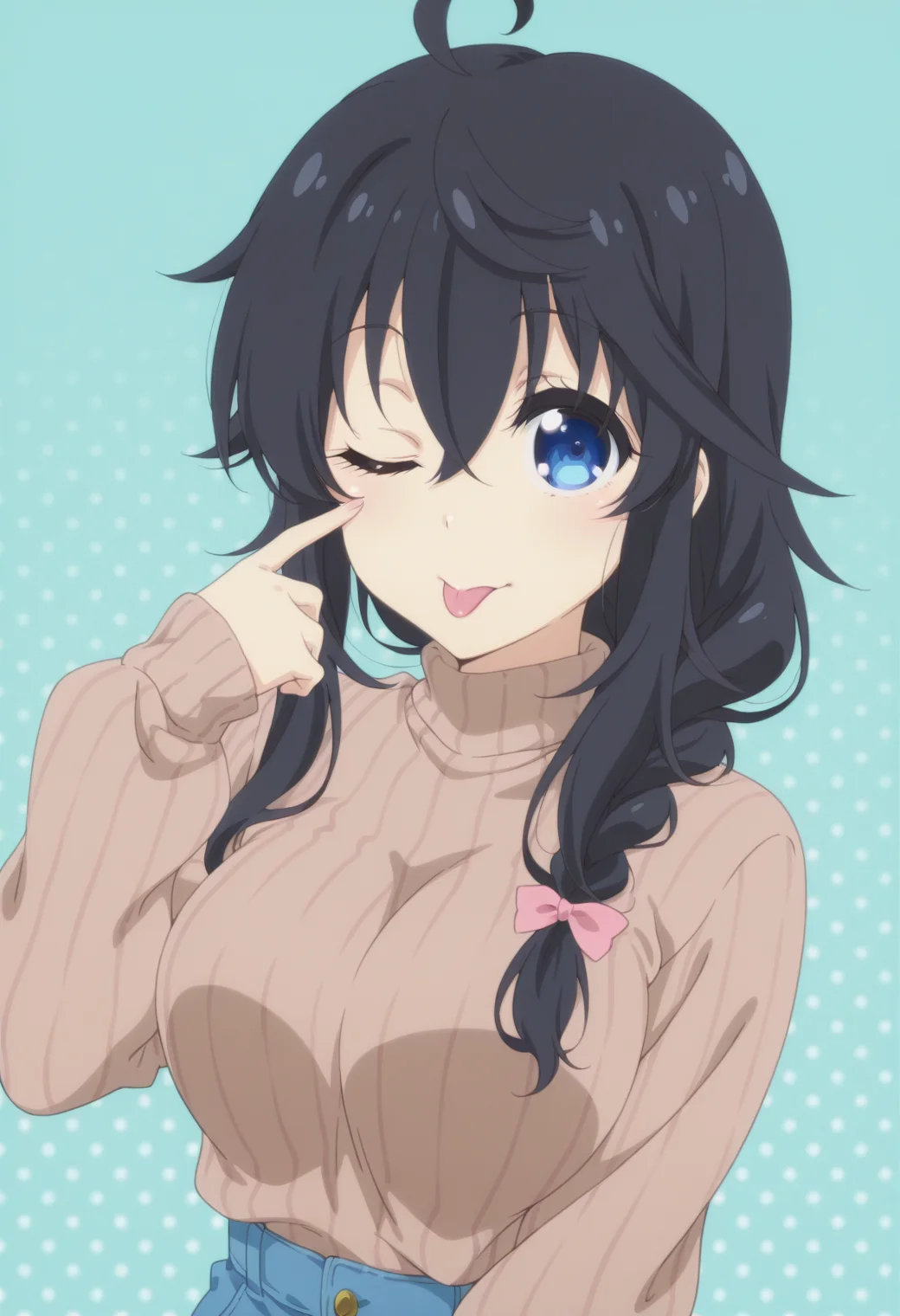 anime screencap, anime coloring,  <lora:DX888Ako:1> tamaki ako, blue eyes, black hair,  hair between eyes, ahoge,( single braid:1.2) hair over shoulders BREAK casual, jeans, long sleeves, (ribbed sweater:1.2), sleeves past wrists, sweater tucked in,  turtleneck sweater, brown sweater  BREAK simple background, aqua background,  dotted background, BREAK   1girl, akanbe, eyelid pull,  hand up, looking at viewer, one eye closed, portrait,  solo, tongue out, upper body,
