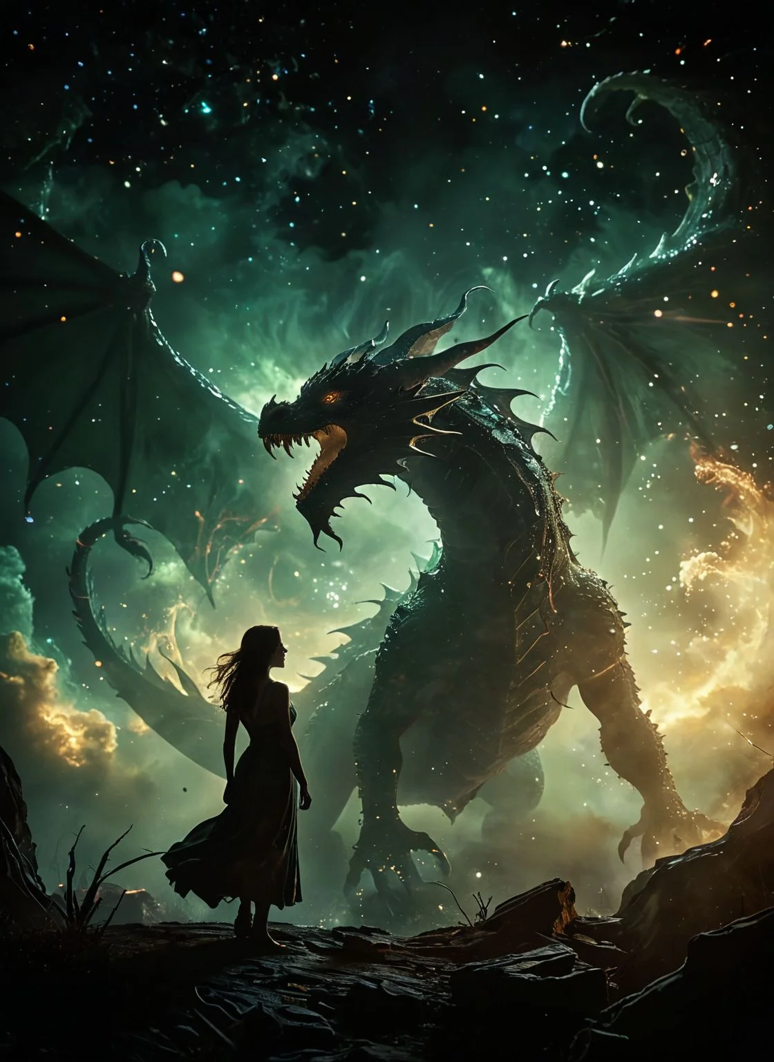 Bosstyle, Silhouette of a Woman fighting a colossal luminous dragon: This vintage photograph captures a moment of epic struggle. Dominating the scene is a translucent dark-green dragon adorned with luminescent scales, blending seamlessly with its surroundings. Its wings, composed of intricately woven energy threads, shimmer in a spectrum of colors. Amidst the night, its presence exudes a sense of mythical power. Behind it, the swirling hues of a distant galaxy provide a mesmerizing backdrop, weaving tales of cosmic battles and celestial legends. Atmospheric haze, Film grain, cinematic film still, shallow depth of field, highly detailed, high budget, cinemascope, moody, epic, OverallDetail, 2000s vintage RAW photo, photorealistic, candid camera, color graded cinematic, eye catchlights, atmospheric lighting, imperfections, natural, shallow dof 
<lora:ral-ertmsphr:0.45> ral-ertmsphr
 <lora:MJ52:0.4>
<lora:add-detail-xl:1>
<lora:CinematicStyle_v1:0.7>