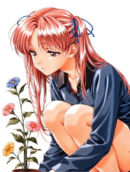 masterpiece,best quality,newest,
1girl,solo,
retro artstyle,<lora:sawatari_honoka_ilxlv1.5:1>,s_honoka,pink hair,hair ribbon,two side up,long hair,brown eyes,
simple background,white background,<lora:Fixhands_anime_bdsqlsz_V1:1>,
flower,squatting,brown eyes,long sleeves,parted lips,half-closed eyes,black collared shirt,