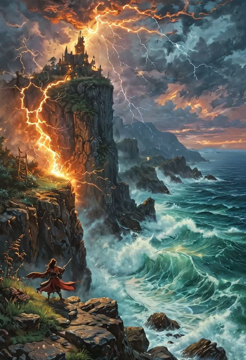 Landscape featuring ocean and cliff side, water crashing on grassy cliff, elf wizard casts spell, fire dragon flies across the sky, lightning storm, chaos, epic, fantasy, oil on canvas, epiCRealism, Style DoF, Style-EMCG, Style-DA