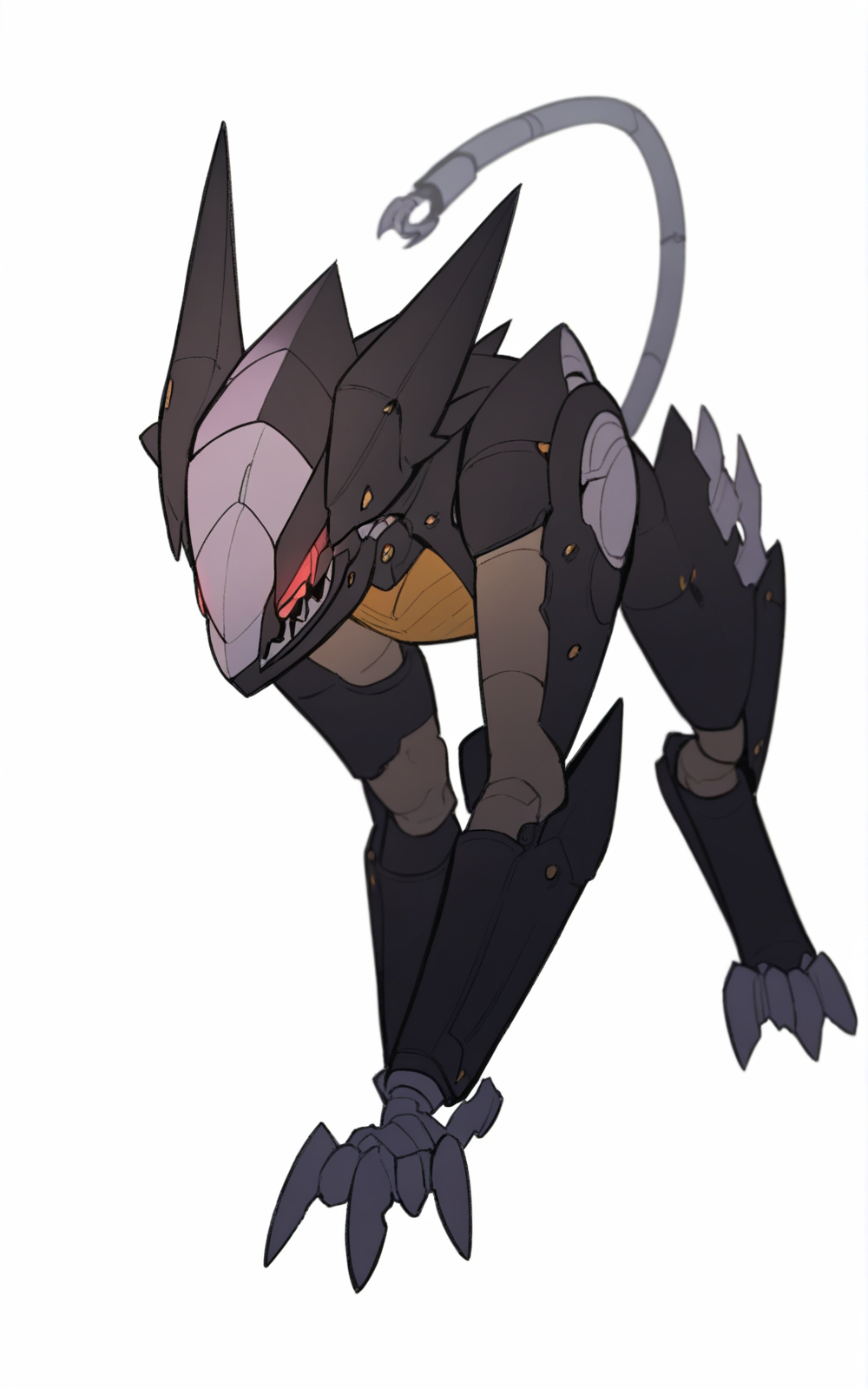 best quality, absurdres,full body, <lora:BolivanteStyleITS:0.5>,  <lora:BWMGSITS:1>, BWMGSITS , non-humanoid robot, red eyes,robot joints, mechanical tail,((feral)),claws, white background, yellow skin, multicolored skin,claws, silver skin, robot, animal focus,