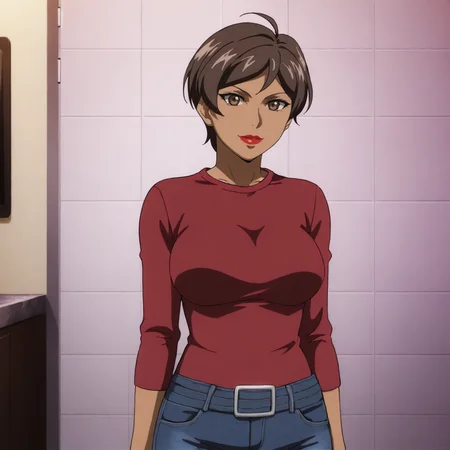 <lora:catwomanhunted_pony_v1:.8>SelinaKyleHuntedTowel, 1girl, short hair, dark skin, dark-skinned female, large breasts, brown hair, lipstick, brown eyes,  makeup, sweater, jeans, cowboy shot