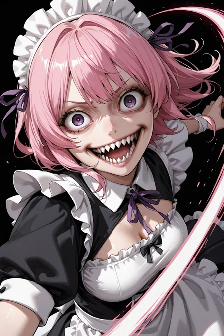 <lora:CivChan:1> CivChan, purple eyes, pink hair, maid outfit, medium breasts, <lora:HardCrashIllustrious:0.5> h4rdcrash, creepy aesthetic, horror, teeth, sharp teeth, slashing, action shot