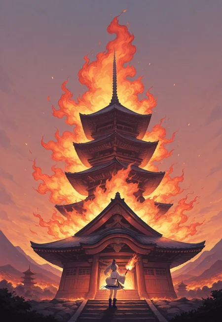 masterpiece, best quality, amazing quality, absurdres, colorful, very aesthetic, 1girl, solo, mononobe no futo, standing, back to viewer, holding torch, burning japanese pagoda, pagoda on fire, pagoda focus