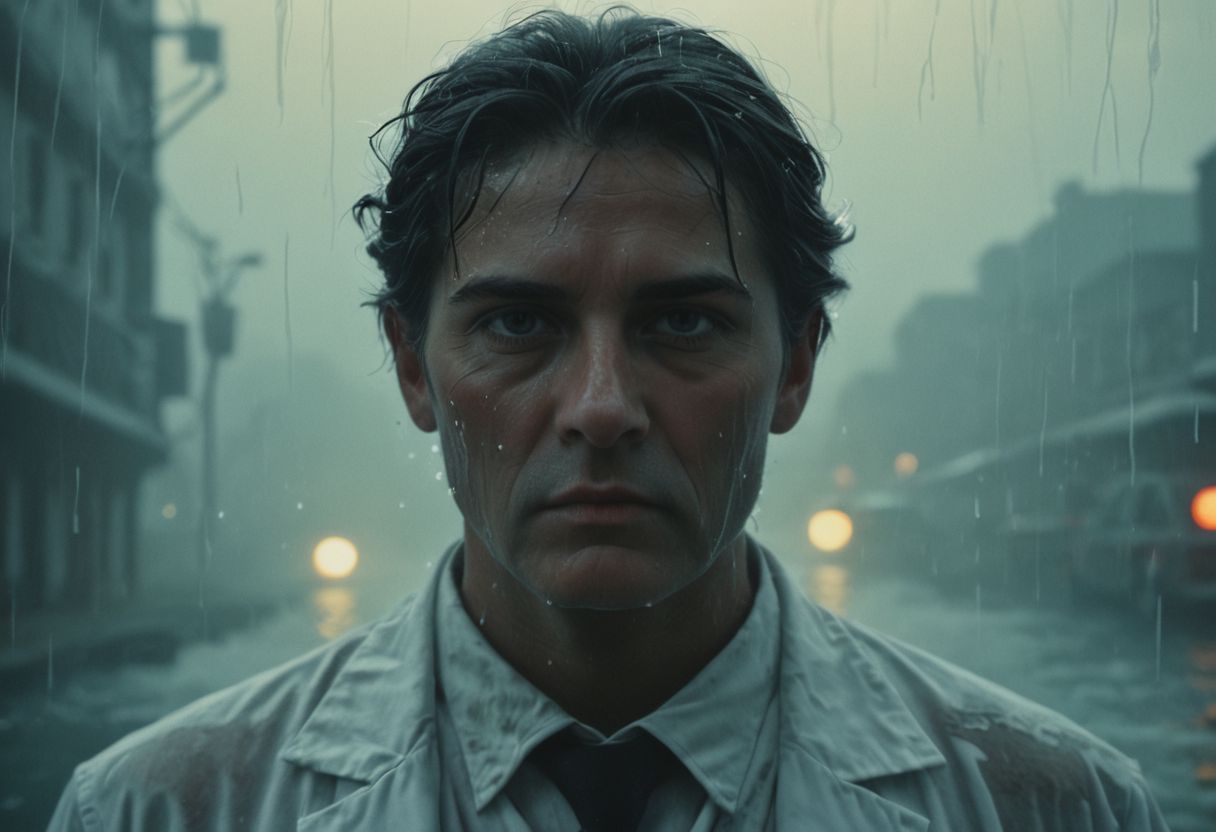 50s old noir cinema; surreal New York underwater, night, fog and rain, melting taxi cab; a portrait of an old doctor in white shirt; dramatic light, cinematic, dark, moody light, film grain, kodak film, old film colors, IMAX 135mm, Wes Anderson style