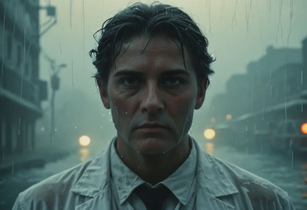 50s old noir cinema; surreal New York underwater, night, fog and rain, melting taxi cab; a portrait of an old doctor in white shirt; dramatic light, cinematic, dark, moody light, film grain, kodak film, old film colors, IMAX 135mm, Wes Anderson style