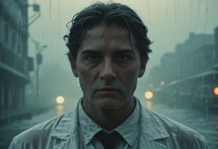 50s old noir cinema; surreal New York underwater, night, fog and rain, melting taxi cab; a portrait of an old doctor in white shirt; dramatic light, cinematic, dark, moody light, film grain, kodak film, old film colors, IMAX 135mm, Wes Anderson style
