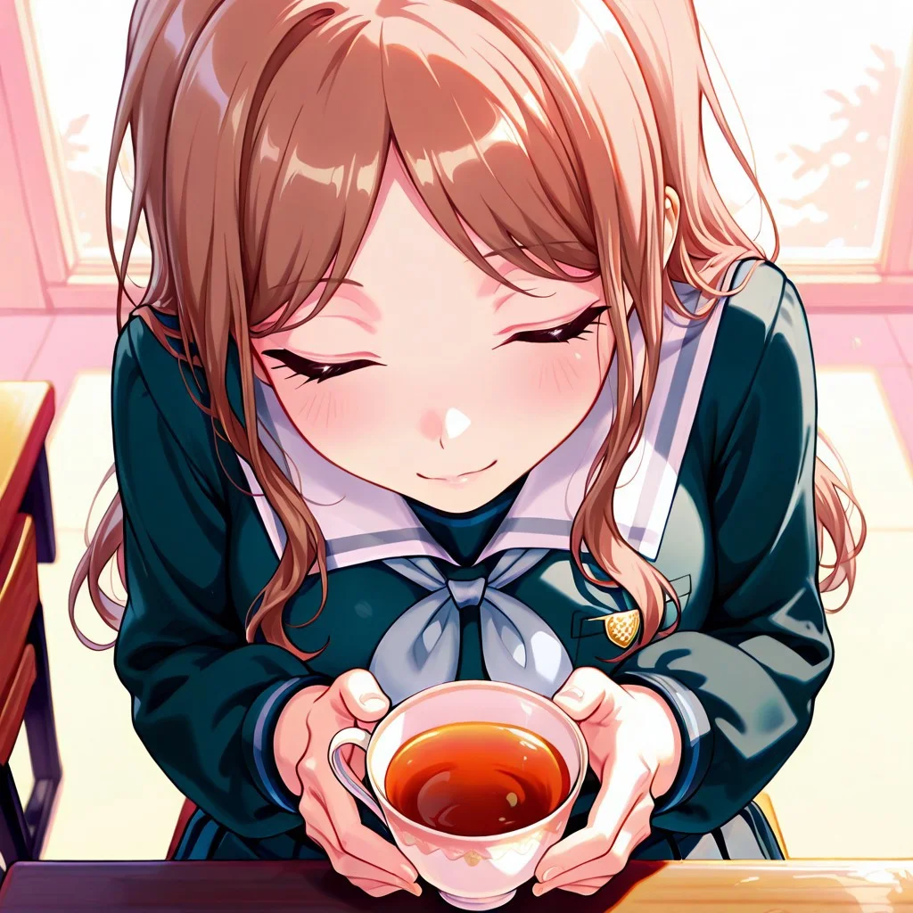 1girl, nagasakisoyo2, long hair, soyoshl2 pleated skirt, soyoshl2 serafuku, soyoshl2 kneehighs, loafers, sitting at a small table, holding a teacup with both hands, blowing gently on the tea, soft smile, eyes slightly closed, skirt neatly folded, hair framing her face, soft pastel colors, warm atmosphere, gentle glow, tight close-up shot, warm background tones, extreme aesthetic, masterpiece, absurdres, ultra-high resolution, 32K UHD, soft lighting, dreamy expression.