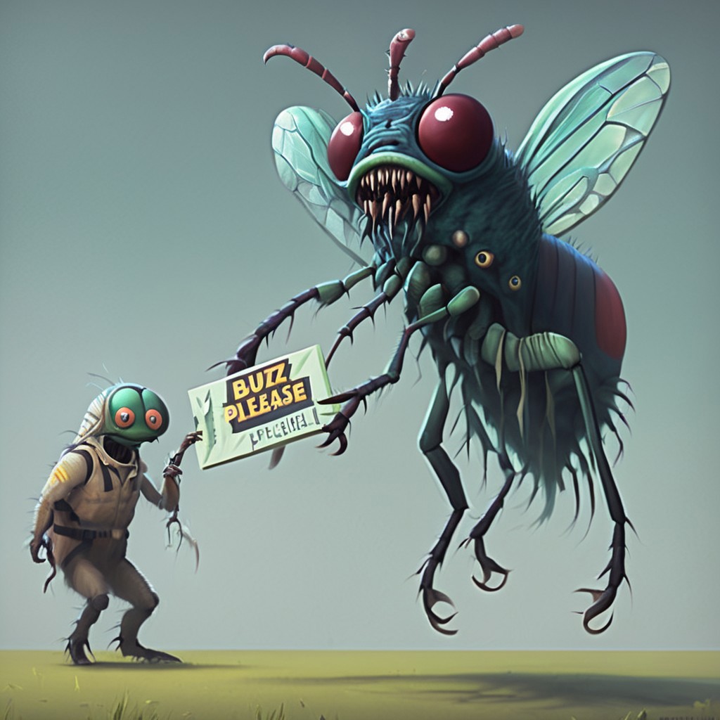 Giant fly monster holding a sign which reads: "Buzz Please!"
insectoid, compound eyes, mantibles, beetle