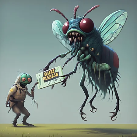 Giant fly monster holding a sign which reads: "Buzz Please!"
insectoid, compound eyes, mantibles, beetle