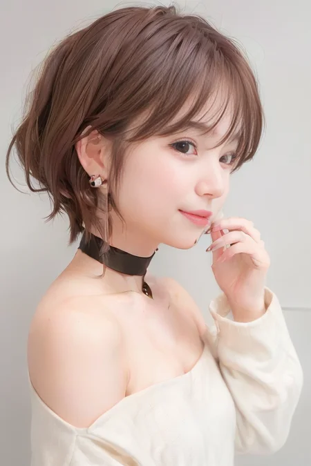 (1girl), (best quality), (masterpiece), (high resolution), (intricate details), (photorealistic), (cinematic light), <lora:short_hair:0.8>,
solo, brown hair, nape, blurry, upper body, blurry background, wavy hair, smile, realistic, looking at viewer, lips, upper body, off shoulder, shirt
white background, upper body, brown eyes, closed mouth, profile, lips, nose, portrait, earrings, parted lips, black choker, ear piercing
sleeves past wrists, simple background ,