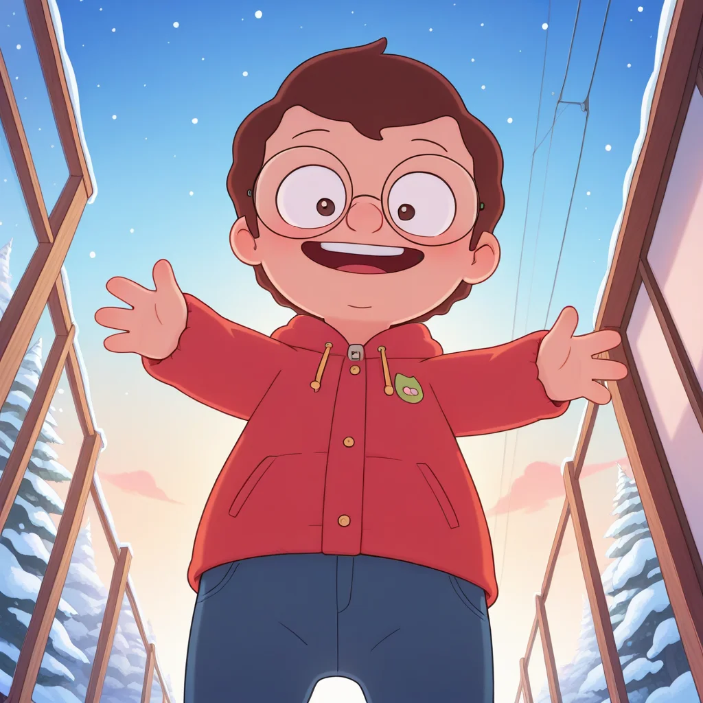 toon \(style\), break ((masterpiece, colorful, detailed background, absurdres, amazing quality, best quality)), <lora:mrfrond-v5:0.75> bb-mfbb, 1boy, baby, toddler, toddlercon, glasses, solo, winter, winter clothes, reaching_towards_viewer, from below, happy,