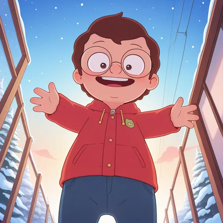 toon \(style\), break ((masterpiece, colorful, detailed background, absurdres, amazing quality, best quality)), <lora:mrfrond-v5:0.75> bb-mfbb, 1boy, baby, toddler, toddlercon, glasses, solo, winter, winter clothes, reaching_towards_viewer, from below, happy,