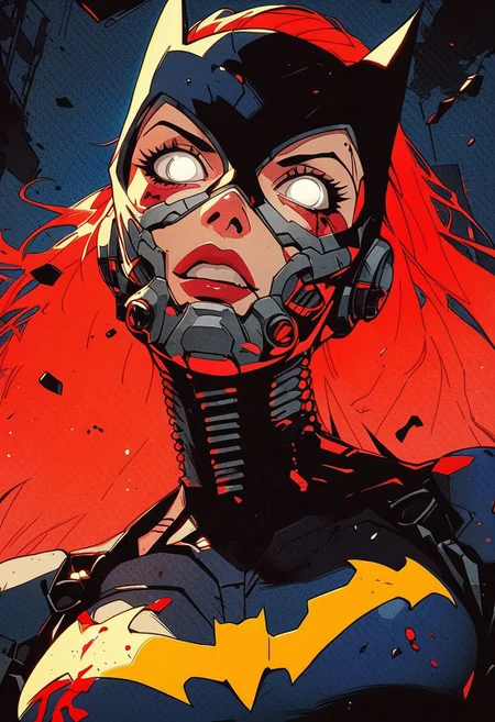 <lora:Kenva:1.0> score_9, knva, halftone effect, metal mask, 1girl, solo, cyberpunk, cyborg, batgirl, looking at viewer, red hair, white eyes, bloody, large breasts,