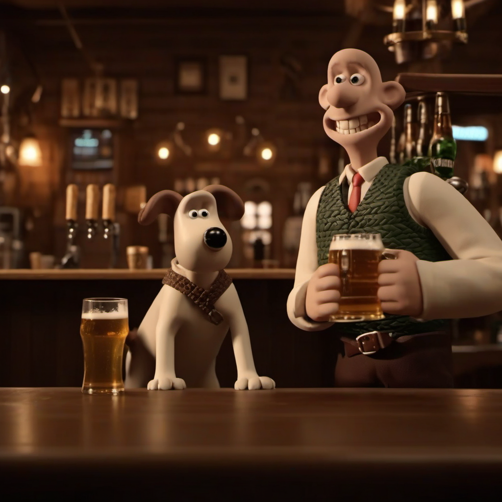 cinematic photo 1boy, bald, solo,  whool vest,  teeth, with a dog,  having a beer in pub <lora:WallaceGromit1024:0.8> . 35mm photograph, film, bokeh, professional, 4k, highly detailed